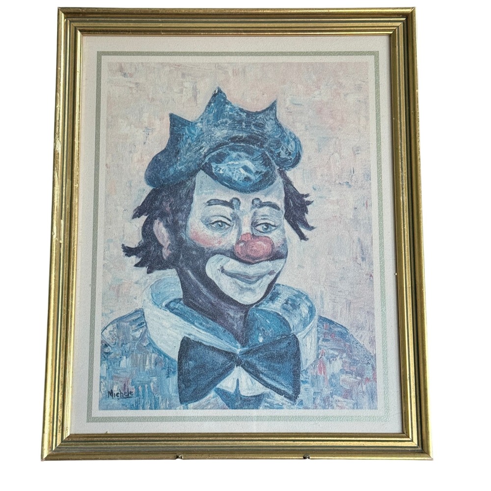 Vintage Michele Signed‎ Clown Art Print Framed Blue White Circus Art - Picture 5 of 5